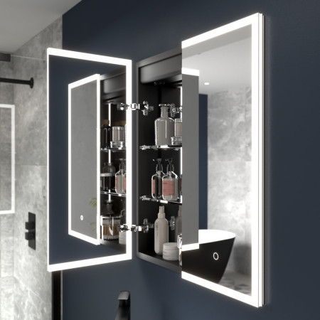 SE30798T0 Sensio Eclipse Double Door Illuminated LED Cabinet in Black Bathroom Setting
