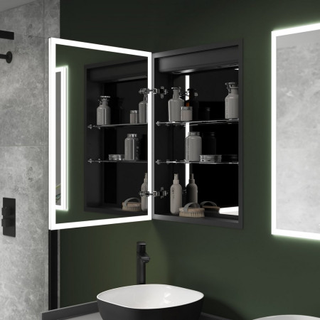 SE30298T0 Sensio Eclipse Single Door Illuminated LED Cabinet in Black Bathroom Setting