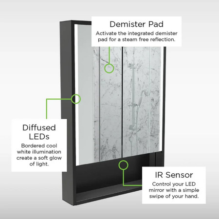 SE30398P0 Sensio Sydney Matt Black LED Illuminated Cabinet with Shelf Features