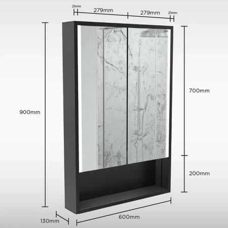 SE30398P0 Sensio Sydney Matt Black LED Illuminated Cabinet with Shelf Line Drawing