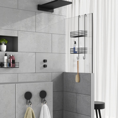 BB1210 Smedbo Beslagsboden Black Two Tiered Shower Basket Lifestyle