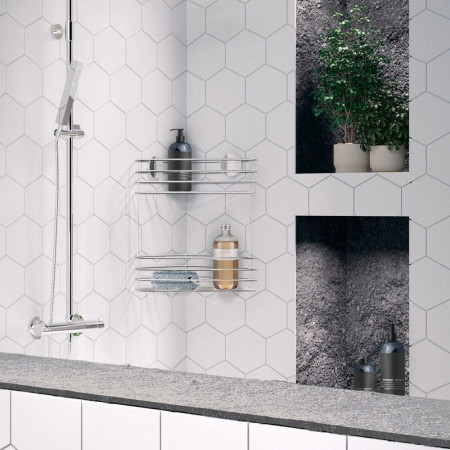 B1203 Smedbo Beslagsboden Chrome Double Corner Shower Basket Lifestyle