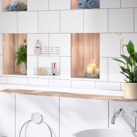 B1202 Smedbo Beslagsboden Chrome Double Self Adhesive Shower Basket Lifestyle