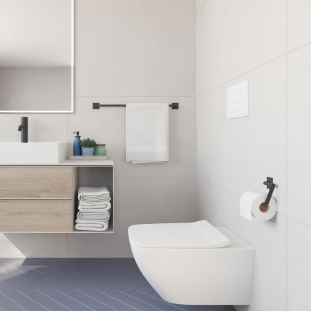 BB4464 Smedbo Beslagsboden Cube Self Adhesive Black Single Towel Rail Lifestyle