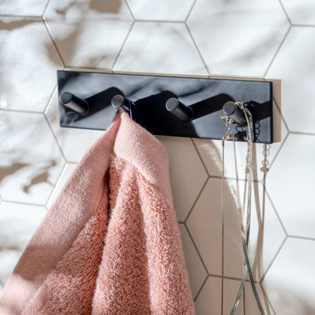 BB1096 Smedbo Beslagsboden Design Square Self Adhesive Black Quadruple Hook Close Up