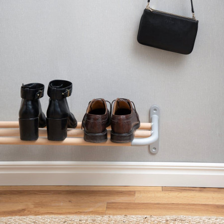 B1701 Smedbo Beslagsboden Hallway Hat and Shoe Rack in Grey and Beech with Shoes
