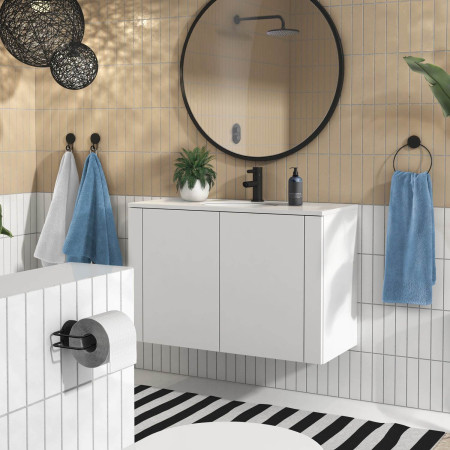 BB3411 Smedbo Beslagsboden Puck Self Adhesive Black Toilet Roll Holder Lifestyle