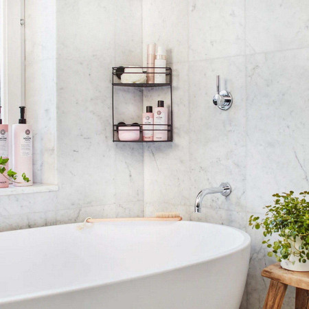 BB1313 Smedbo Beslagsboden Self Adhesive Black Double Corner Shower Basket Bathroom Setting