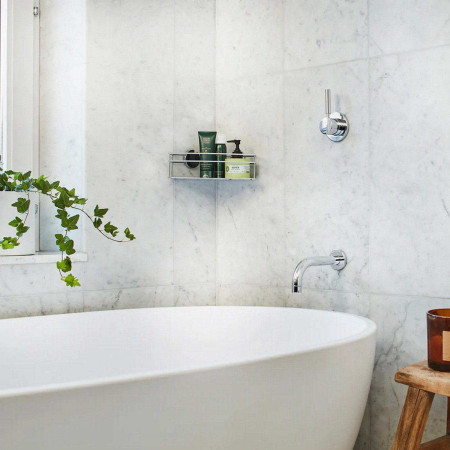 BK1311 Smedbo Beslagsboden Self Adhesive Chrome Corner Shower Basket Lifestyle