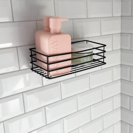 BB1200 Smedbo Beslagsboden Self Adhesive Shower Basket in Black Bathroom Setting