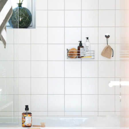 B1200 Smedbo Beslagsboden Self Adhesive Shower Basket in Chrome with Self Adhesive Hook
