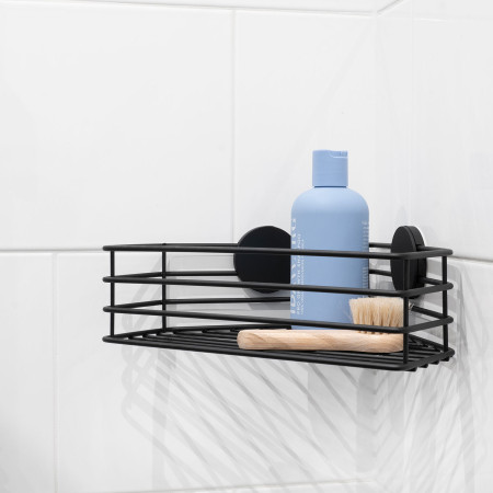 BB1201 Smedbo Beslagsboden Self Adhesive Single Corner Shower Basket in Black Lifestyle