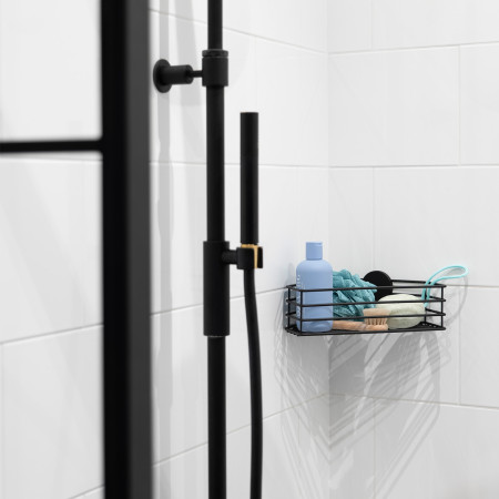BB1201 Smedbo Beslagsboden Self Adhesive Single Corner Shower Basket in Black Close Up