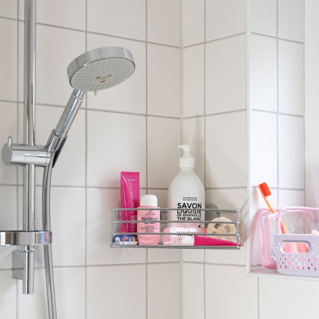 B1201 Smedbo Beslagsboden Self Adhesive Single Corner Shower Basket in Chrome Lifestyle