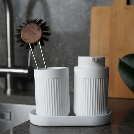 BX561 Smedbo Beslagsboden Wave Freestanding Soap Dispenser in White Lifestyle