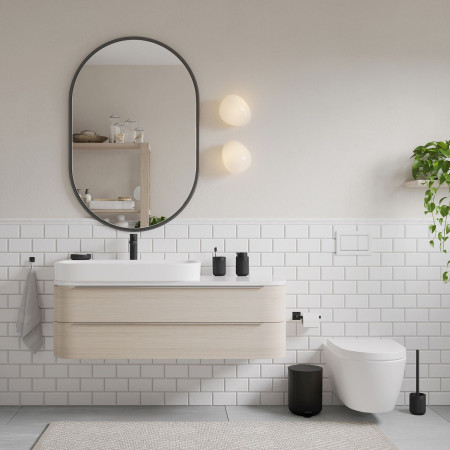 BB564 Smedbo Beslagsboden Wave Line 4L Soft Close Pedal Bin in Black Bathroom Setting