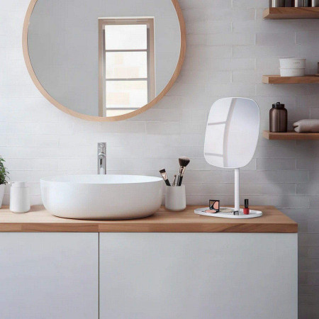 BX576 Smedbo Beslagsboden White Makeup Mirror on Stand with Tray Bathroom Setting
