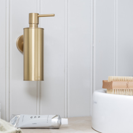 HV370 Smedbo Home Brushed Brass Wall Mounted Soap Dispenser Close Up