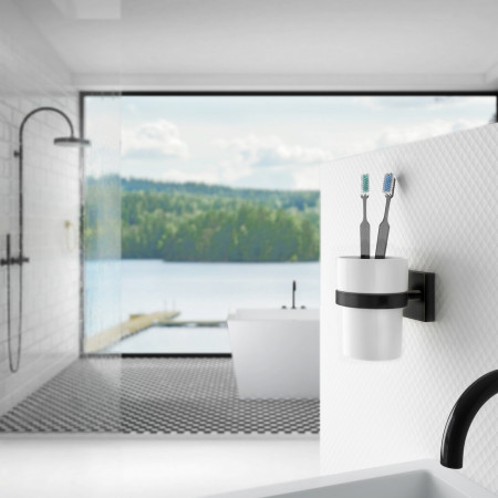 RB343P Smedbo House Holder in Black with Porcelain Tumbler Lifestyle