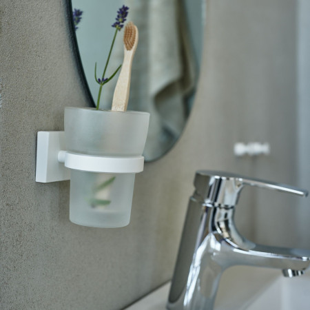 RX343 Smedbo House Holder in White with Glass Tumbler Lifestyle