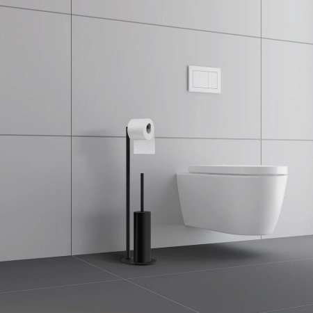 FB613 Smedbo Outline Black Freestanding Toilet Roll Holder with Toilet Brush Bathroom Setting
