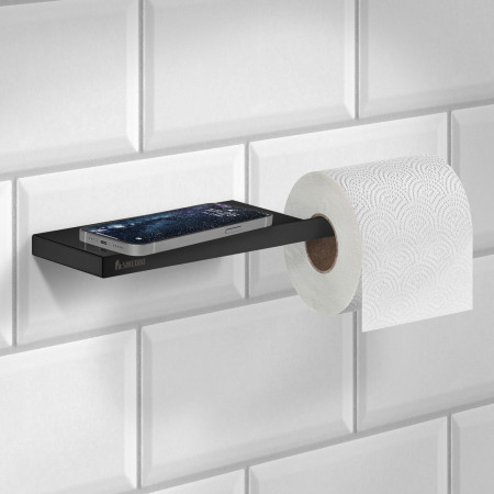 FB3411 Smedbo Outline Black Toilet Roll Holder with Shelf Lifestyle