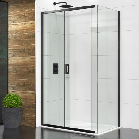 VATHV2K/VATHVBK Vantara Thrive 1400mm Black Sliding Shower Door with a Side Panel