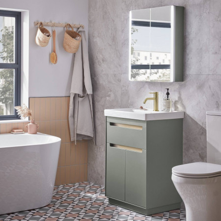 ACU600FLRL Tavistock Acumen 600mm Matt Laurel Green Freestanding Vanity Unit and Basin Lifestyle