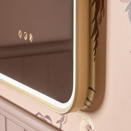 ALM050BR Tavistock Alderbury 500 x 700mm Brushed Brass Illuminated Rectangular Bathroom Mirror Frame Close Up