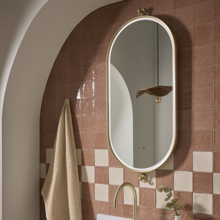 ALM50PBR Tavistock Alderbury Pill 500 x 800mm Brushed Brass Illuminated Bathroom Mirror Lifestyle