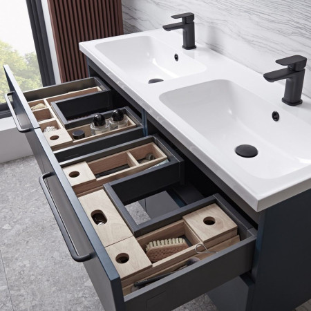 CA600WOBX2 Tavistock Cadence 1200mm Wall Mounted Double Basin Vanity Unit in Oxford Blue with Open Drawers