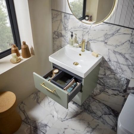 CA500WLRL Tavistock Cadence 500mm Wall Hung Vanity Unit and Basin in Laurel Green Bathroom Setting