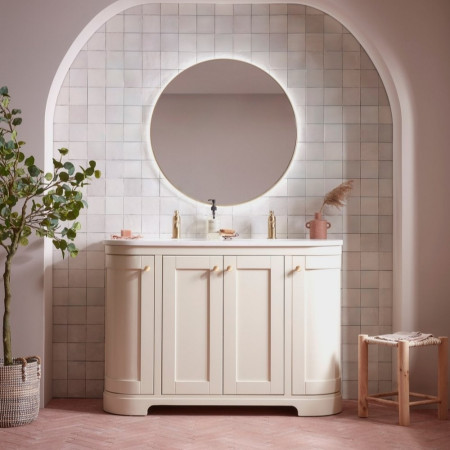 LAN1200CLW/LANCUSBASX2 Tavistock Lansdown 1200mm Linen White Underslung Curved Double Vanity Unit Lifestyle