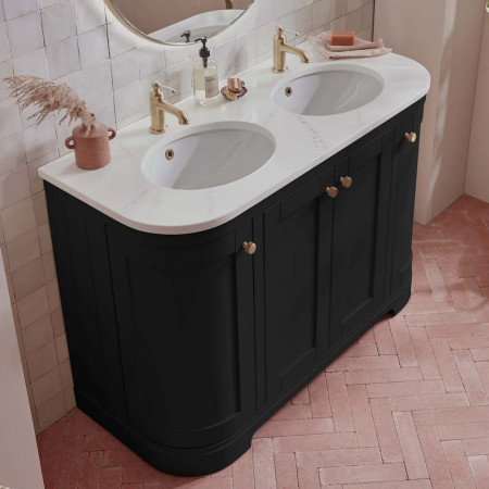 LAN1200CSDG/LANCUSBASX2 Tavistock Lansdown 1200mm Sherwood Green Underslung Curved Double Vanity Unit Lifestyle