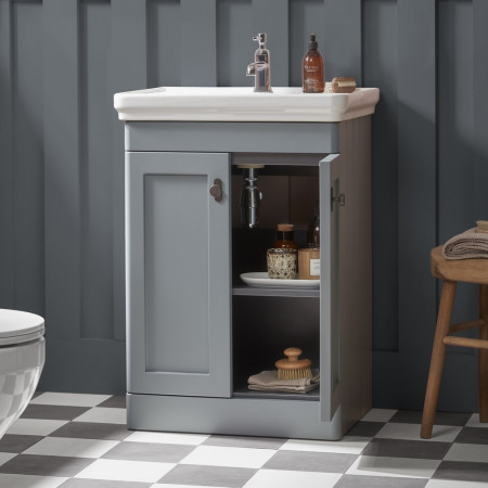 MS600FMSP Tavistock Marston 600mm Vanity Unit in Matt Spruce with Basin Cloakroom Setting