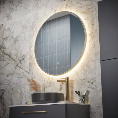 XGM60C-BR Tavistock Oxygen 600mm Illuminated Brushed Brass Circular Mirror Bathroom Setting
