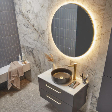 XGM80C-BR Tavistock Oxygen 800mm Illuminated Brushed Brass Circular Mirror Bathroom Setting