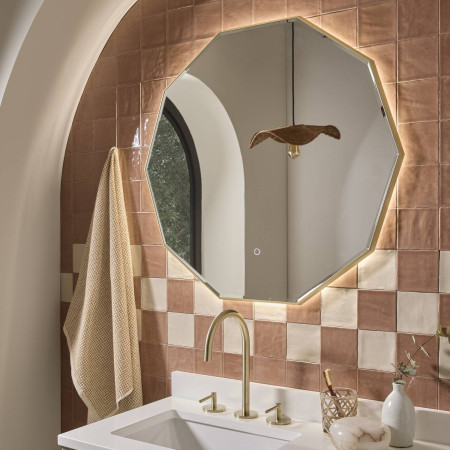 XGM80DBR Tavistock Oxygen 800mm Illuminated Brushed Brass Decagon Mirror Lifestyle