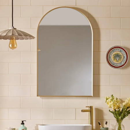 VRM50ABR Tavistock Verge Arched Bathroom Mirror in Brushed Brass Lifestyle