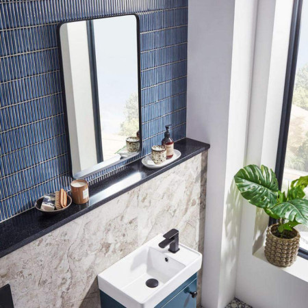 VRM045 Tavistock Verge Framed Rectangular 700 x 450mm Mirror in Black Bathroom Setting