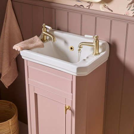VT50FSP/DB850CLS Tavistock Vitoria 500mm Cloakroom Vanity Unit with Basin in Suede Pink with Brushed Brass Taps