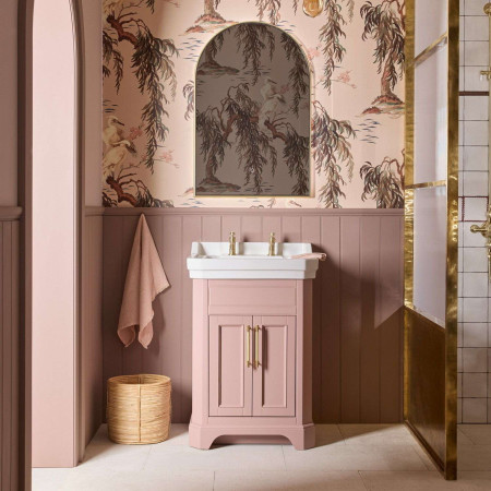 VT60FSP Tavistock Vitoria 600mm Freestanding Vanity Unit with Basin in Suede Pink with Brushed Brass Basin Taps