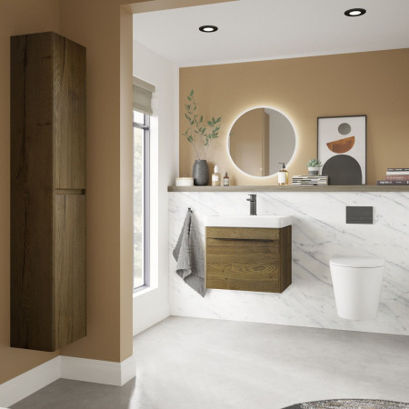 VACR60TO Vantara Cruise 600mm Wall Hung Vanity Unit and Basin in Tobacco Oak with Tall Unit