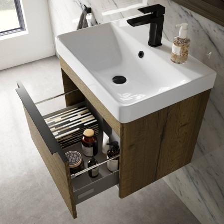 VACR60TO Vantara Cruise 600mm Wall Hung Vanity Unit and Basin in Tobacco Oak with Open Drawer