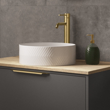 VACAL36W Vantara Callisto 365mm White Patterned Countertop Basin Lifestyle
