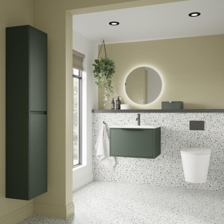 VAACT60G Vantara Active Wall Hung 600mm Vanity Unit and Basin in Dark Sage Green Lifestyle