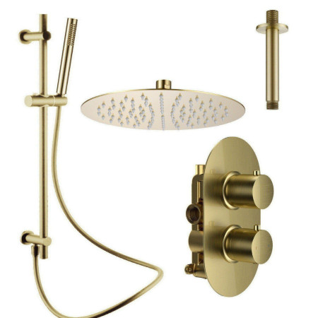 Vantara Stellar Brushed Brass Concealed Thermostatic Valve with Ceiling Head and Slide Rail