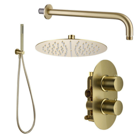Vantara Stellar Brushed Brass Concealed Thermostatic Valve with Fixed Head and Handset