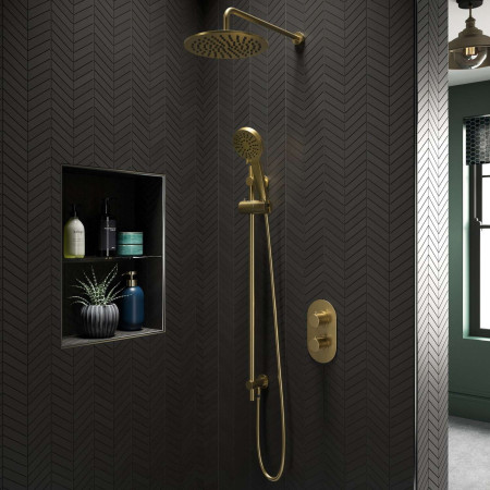 VASTLL2BR Vantara Stellar Dual Outlet Brushed Brass Lozenge Concealed Shower Valve Lifestyle