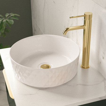 VAETH36W Vantara Earth 365mm White Patterned Countertop Basin Lifestyle
